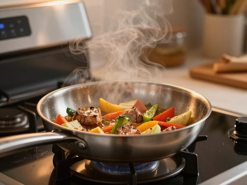 Kochtopf ohne Deckel beim Braten