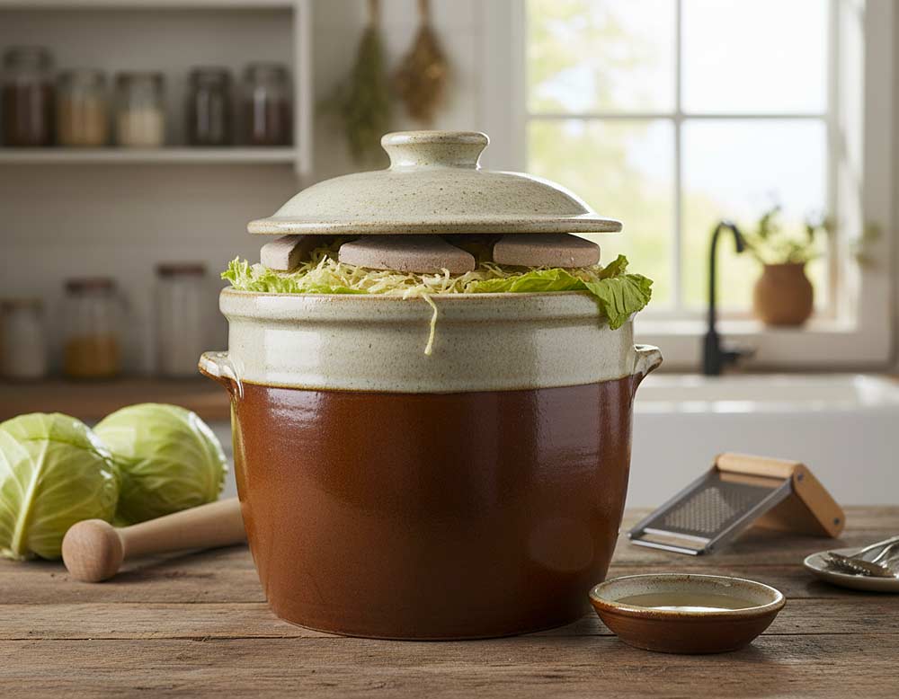 Das klassische Fermentationsgefäß für Sauerkraut Das klassische Fermentationsgefäß für Sauerkraut