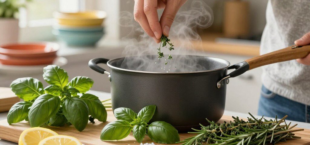 Kräuter beim Kochen hinzufügen