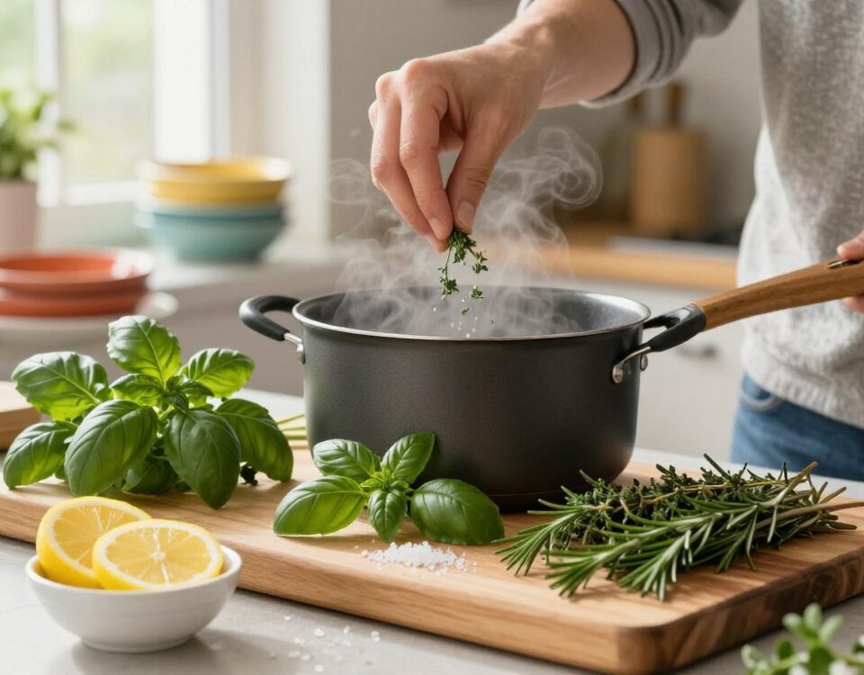 Kräuter beim Kochen hinzufügen